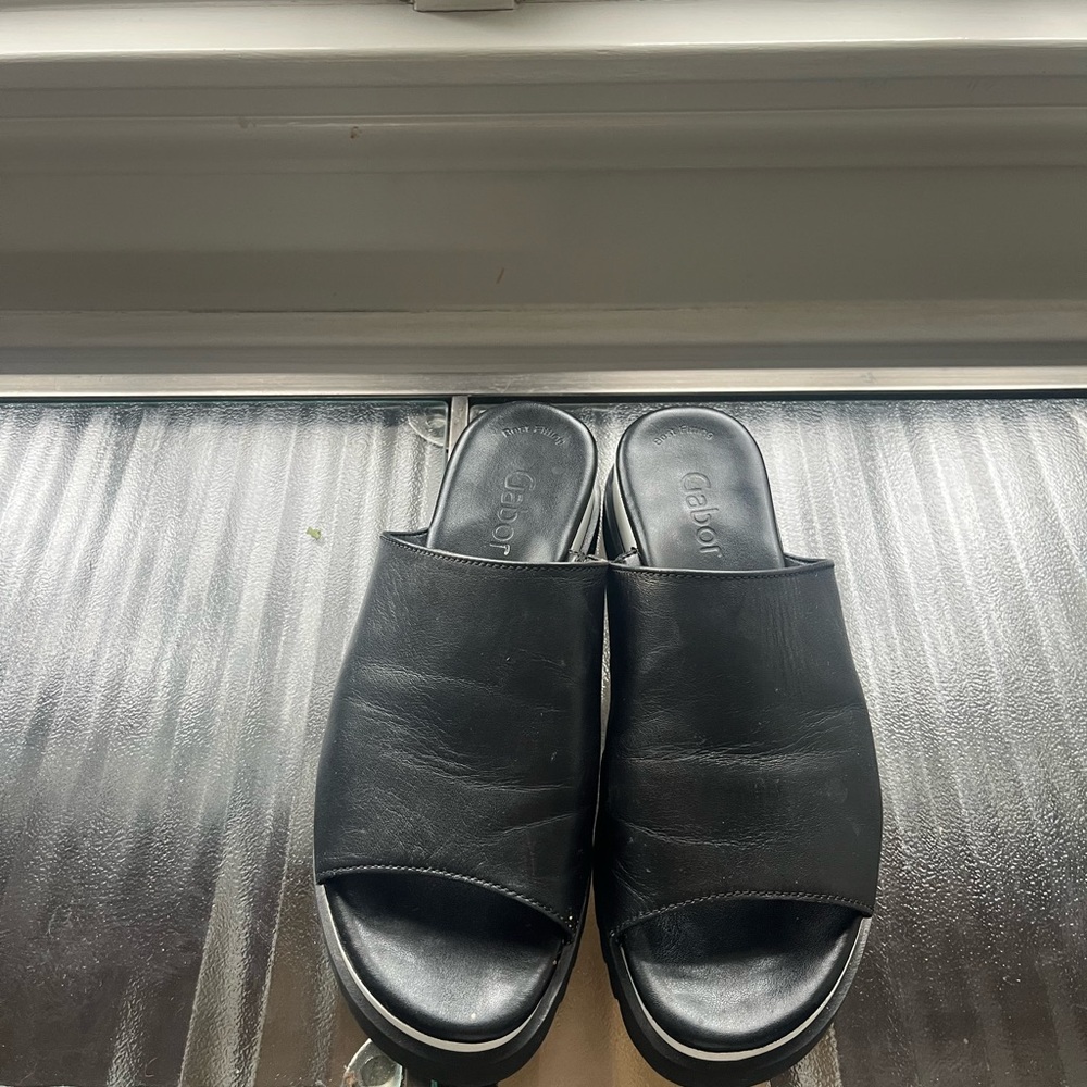 Gabor Black Leather Slide Sandals with White Midsole